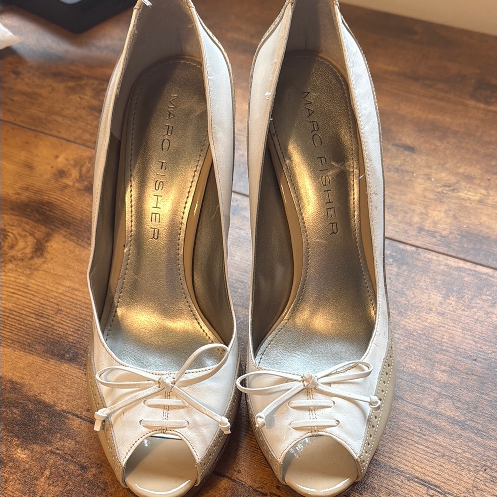 Marc Fisher Cream Peep-Toe Heels with Bow Detail